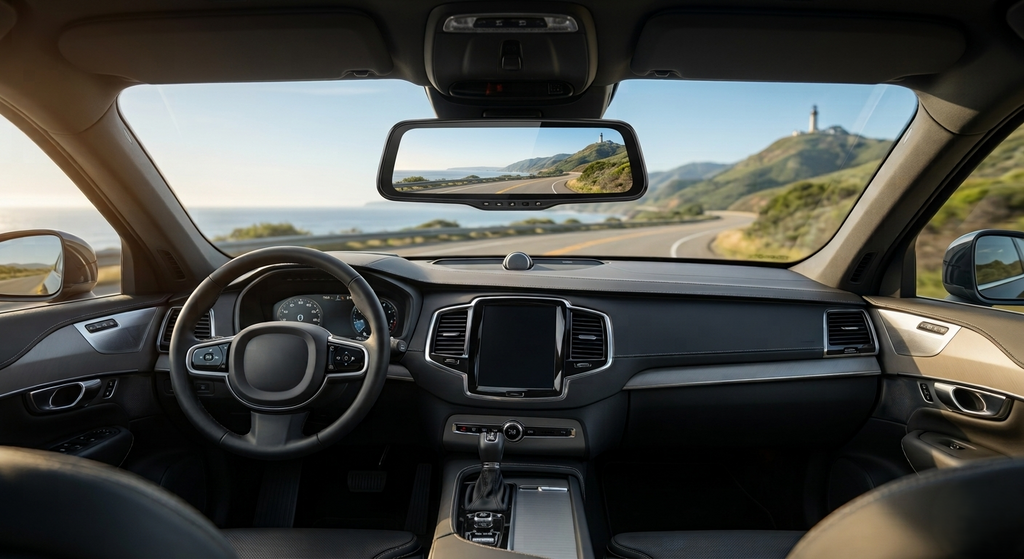 Inside a modern car, the 1080P HD Rearview Mirror Driving Recorder is mounted on the rearview mirror, capturing a scenic coastal road with hills and a lighthouse visible through the windshield and mirror.