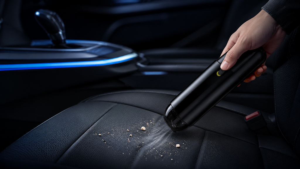 A person uses the Wireless Mini Car Vacuum Cleaner - 5000Pa Powerful Suction with a HEPA filter to remove crumbs from the black leather seat of a car interior.