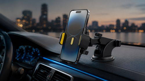 A Car Phone Holder Long Rod Telescopic Car Dashboard Suction Cup Type secures a smartphone on the dashboard, with illuminated blue controls and city lights visible through the windshield at dusk.