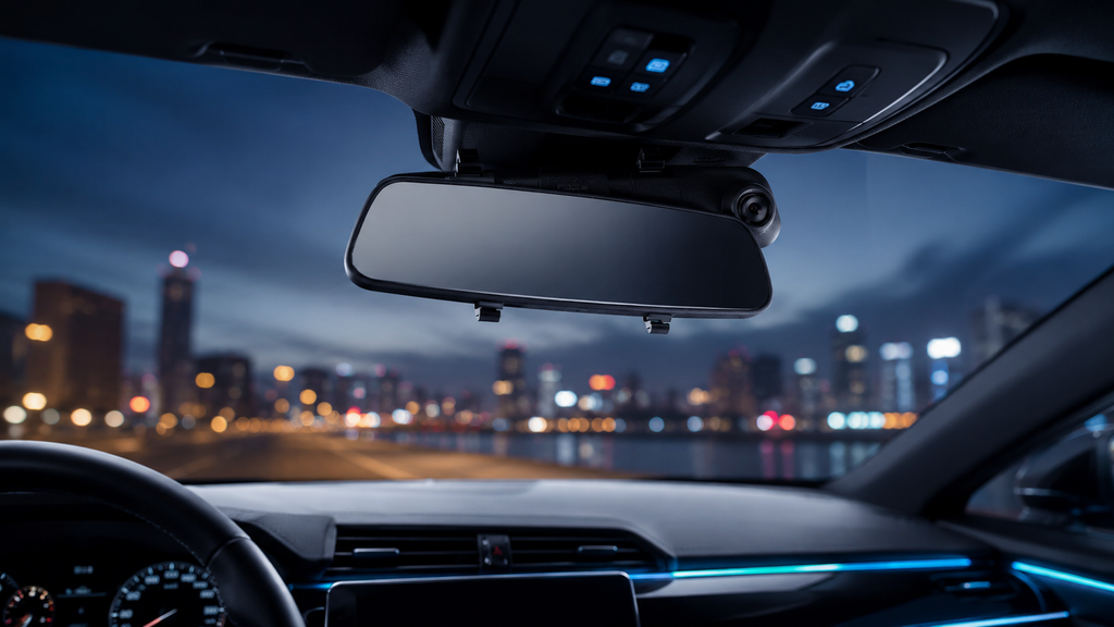 Nighttime view from inside a car featuring the 1080P HD Rearview Mirror Driving Recorder on the dashboard, with city skyline and blurred lights visible through the windshield.