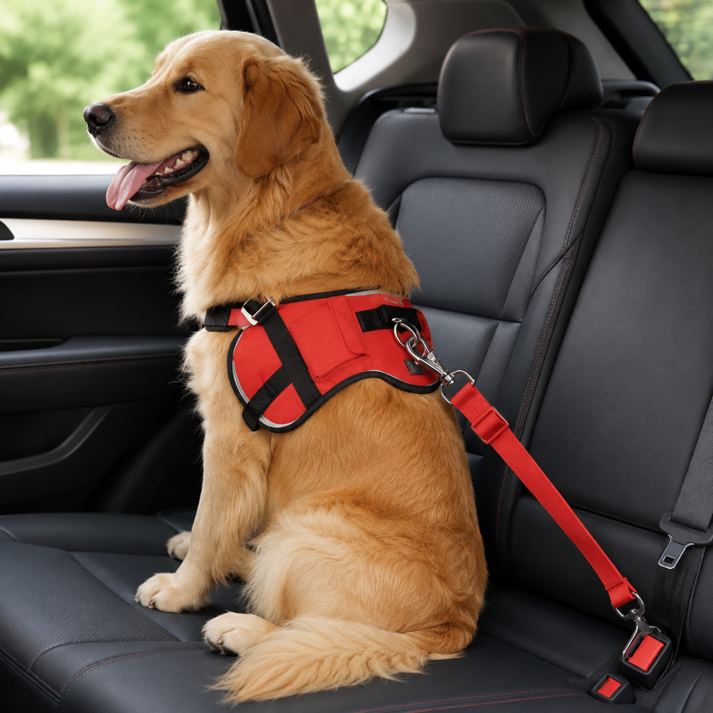 A golden retriever sits on the back seat of a car, wearing the Adjustable Pet Cat Dog Car Seat Belt in red, with its tongue out and looking out the window.